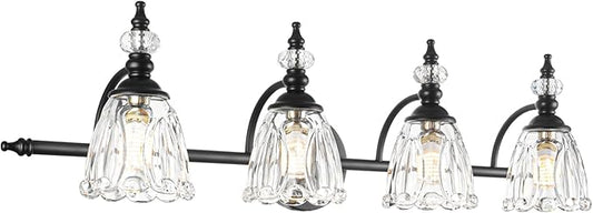 Bathroom Vanity Light, Matte Black 4 Light Vanity Lighting Fixtures, Antique Vanity Light with Flower Glass Shade, Bathroom Lighting Fixture Over Mirror, Sconces Wall Lighting for Hallway