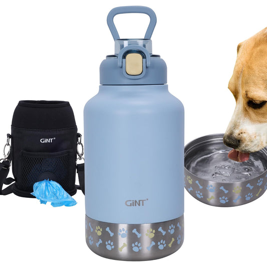 GiNT 37oz Insulated Stainless Steel Dog & Human Water Bottle, All-in-1 Travel Dispenser with Detachable Bowls & Carrying Case, Leak-Proof Pet Canteen for Walking, Hiking, Camping, Car (Blue)
