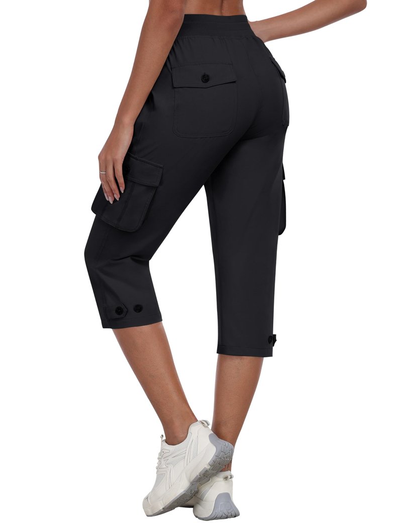 MoFiz Women's Cargo Capris Hiking Pants Lightweight Quick Dry Summer Outdoor Casual Travel Pants with Pockets Black 2XL