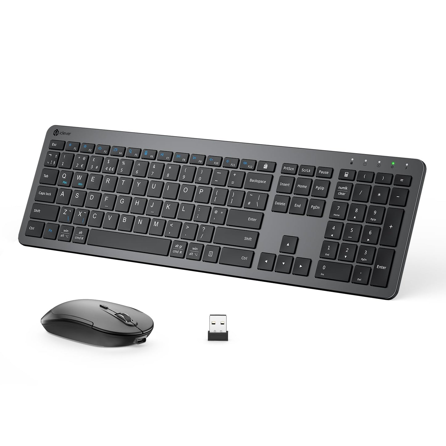 Wireless Keyboard and Mouse Set, iClever Keyboard and Mouse Rechargeable Full Size with Numeric Keypad, Energy Saving 2.4G USB Ultra Slim Silent Wireless Keyboard for Mac OS/Windows/Computer/Laptop