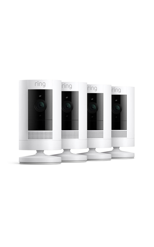 Ring Outdoor Cam (Stick Up Cam), Weather-resistant home or business security camera, outdoor ready, Live View, Color Night Vision, Two-Way Talk, motion alerts, Works with Alexa, 4-pack, White