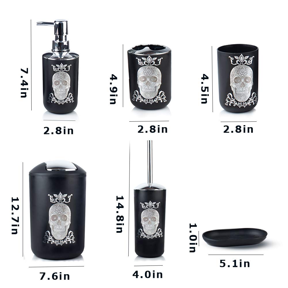 Halloween Bathroom Accessories Set 6 Piece Plastic Bathroom Ensemble Soap Dispenser Toothbrush Holder Tumbler Soap Dish Trash Can Toilet Brush Holder for Decorative Countertop Housewarming Gift(Black)