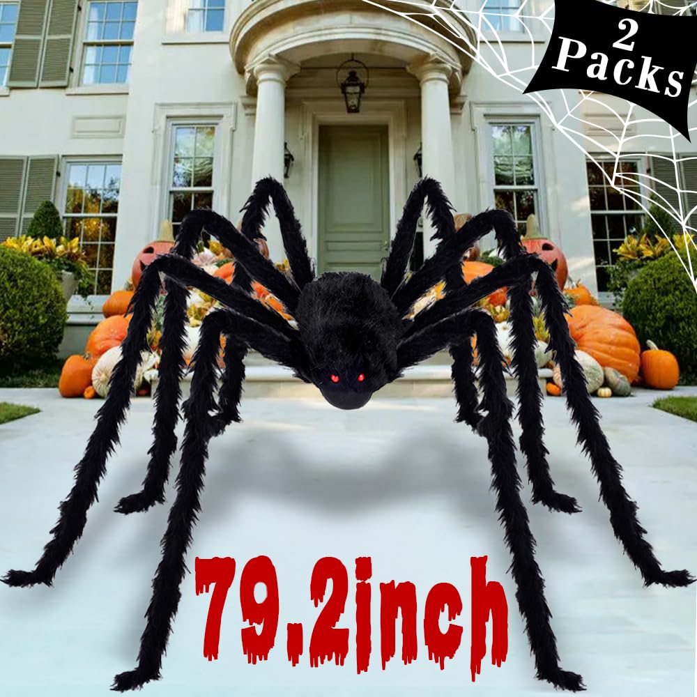 Pawliss Halloween Decorations, 2 Pcs 79.2 Inches Giant Halloween Spider, Halloween Decorations Outdoor Patio Lawn Yard Decor, Fake Large Hairy Spider Props