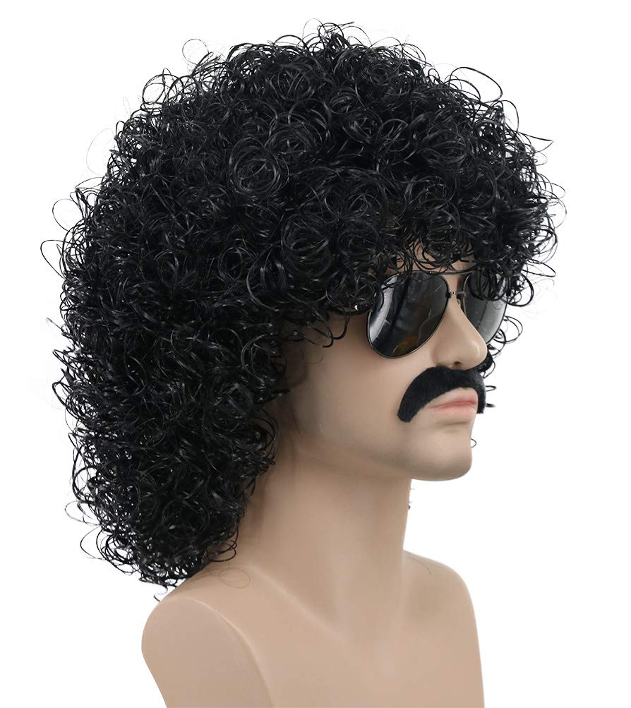 karlery Mens Short Curly Black Rocker Mustache Beard Afro Wig California Halloween Cosplay Wig Anime Costume Party Wig (Black)