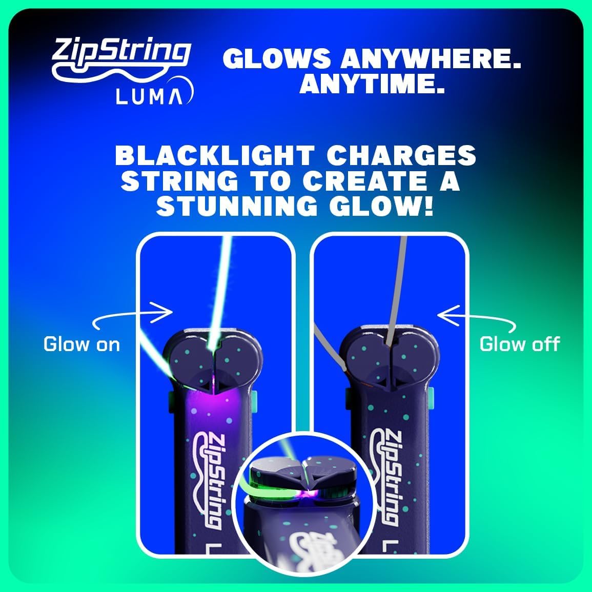 ZipString Luma – Glow in the Dark String Launcher Toy – Viral Outdoor Fidget Toy for Kids & Adults – Cool Rechargeable Toys – Cosmic Green Glow Zip String