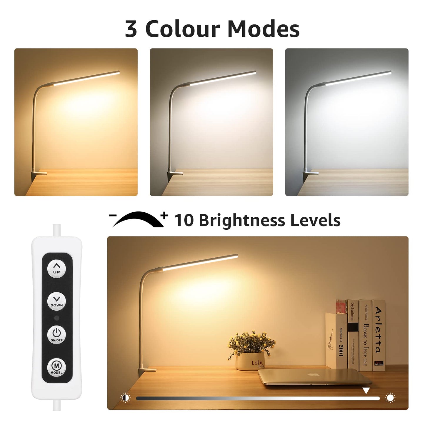 Lepro Desk Lamp Clamp, Eye Caring LED Desk Lamp, 5W 460lm, Dimmable, USB Powered, 10 Brigntness Levels x 3 Colour Modes, Clip on Reading Light for Nails, Crafts, Bedside, Office, School and More