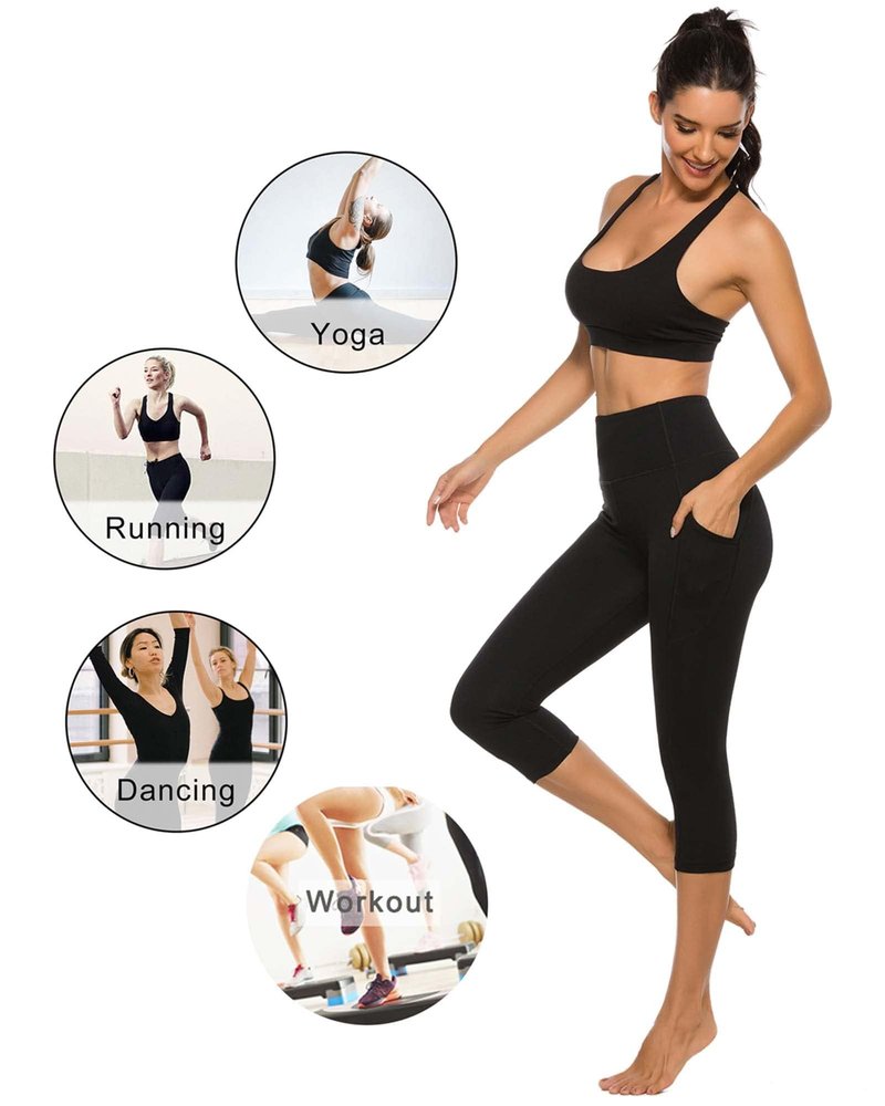Stelle Womens High Waisted Legging Yoga Pants with Pockets for Workout(Black,L)