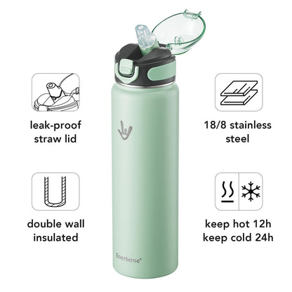 Enerbone 32 oz Insulated Water Bottle, Stainless Steel Bottle with Carrying Strap, Double-Wall Vacuum Insulation Design, Leakproof Sports Bottle with Straw, Keep Drinks Cold or Hot for Hours
