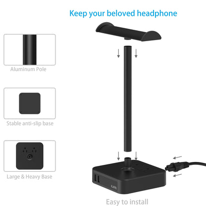 KAFRI Dual Headphone Stand with USB Charger Desk Gaming Double Headset Holder Hanger Rack with 2 USB Charging Port and 2 Outlet - Suitable for Gamer Desktop Table Game Earphone Accessories Gift