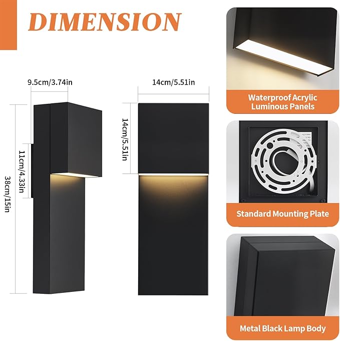 tewei Modern LED Outdoor Wall Sconce, 15'' 20W Outdoor Light Fixture Exterior Wall Lights, Black LED Front Porch Lights Outside Wall Mount Lighting for House, Backyard, Warm White 3000K, 1 Pack