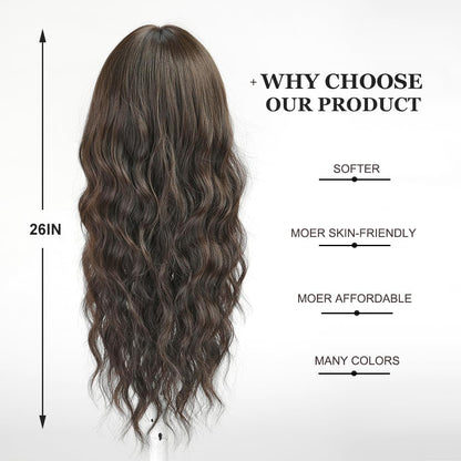 Esmee Long Wavy Black Brown Wig for Women Natural Synthetic Hair Heat Resistant Wigs with Fringe