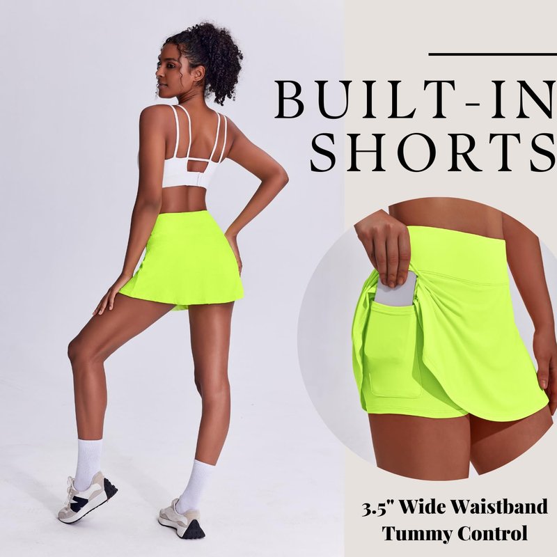 PINSPARK Tennis Skirts Skort for Women High Waisted Athletic Skirt with Pocket Pickleball Outfits,Green Citrine X-Small