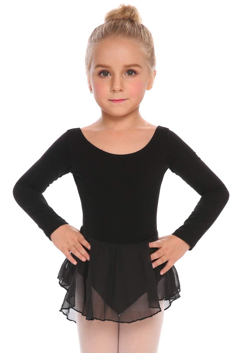 Arshiner Kids Girls Classic Long Sleeve Leotard Dance Ballet Dress, Black, 140(Age for 6-7Y)
