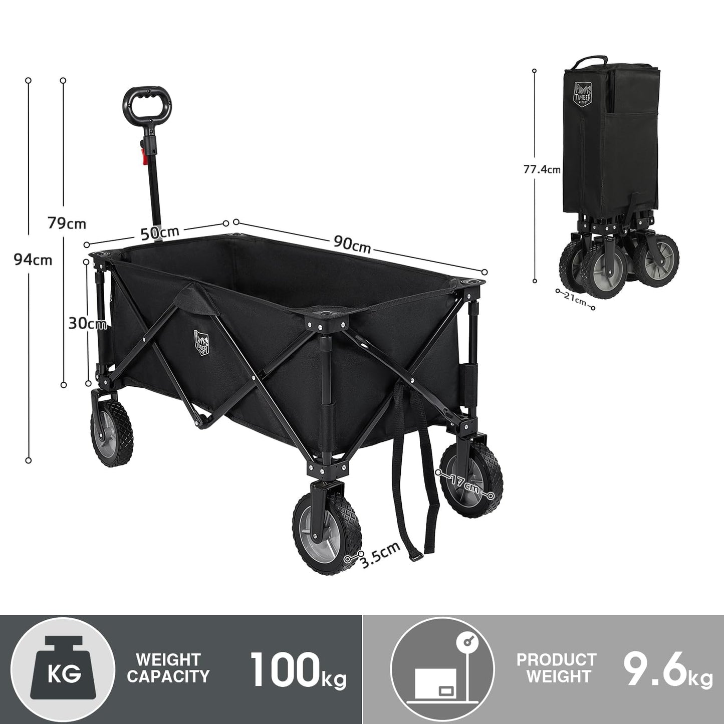 TIMBER RIDGE Festival Trolley on Wheels, 200L Folding Camping Wagon with Adjustable Handle & Cup Holder, Collapsible Beach Cart Foldable for Outdoor Garden Picnic Shopping 100KG Capacity, Black