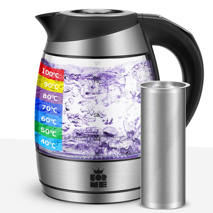 ForMe Glass Kettle with Temperature Setting 40-100 °C 1.8 L I 2200 Watt I 7 Colour Change LED I Digital Temperature Display I Keep Warm Function I Boil Dry Protection BPA Free