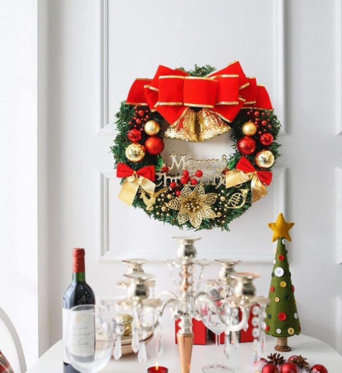 H&W Large Christmas Wreath (19.69 Inch / 50 cm) for Front Door Wall Windows Artificial Poinsettia Xmas Decoration with Tinkle Bell Bowknot and Small Ornaments (MC7-D1)