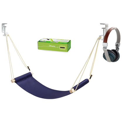 iMissiu Adjustable Office Foot Rest | Portable Under Desk Hammock with Headphones Holder (Blue)