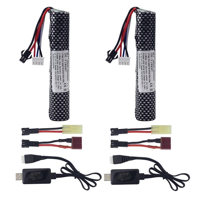 MOONZON 2PCS 3S 11.1V 2000mAh Li-ion Battery with SM-2P Plug Connector Whith Adapter and USB Charging Cable, Suitable for Airsoft Gel Water Droplet Blaster Air Gun Gel Ball Shock Wave Spare Battery