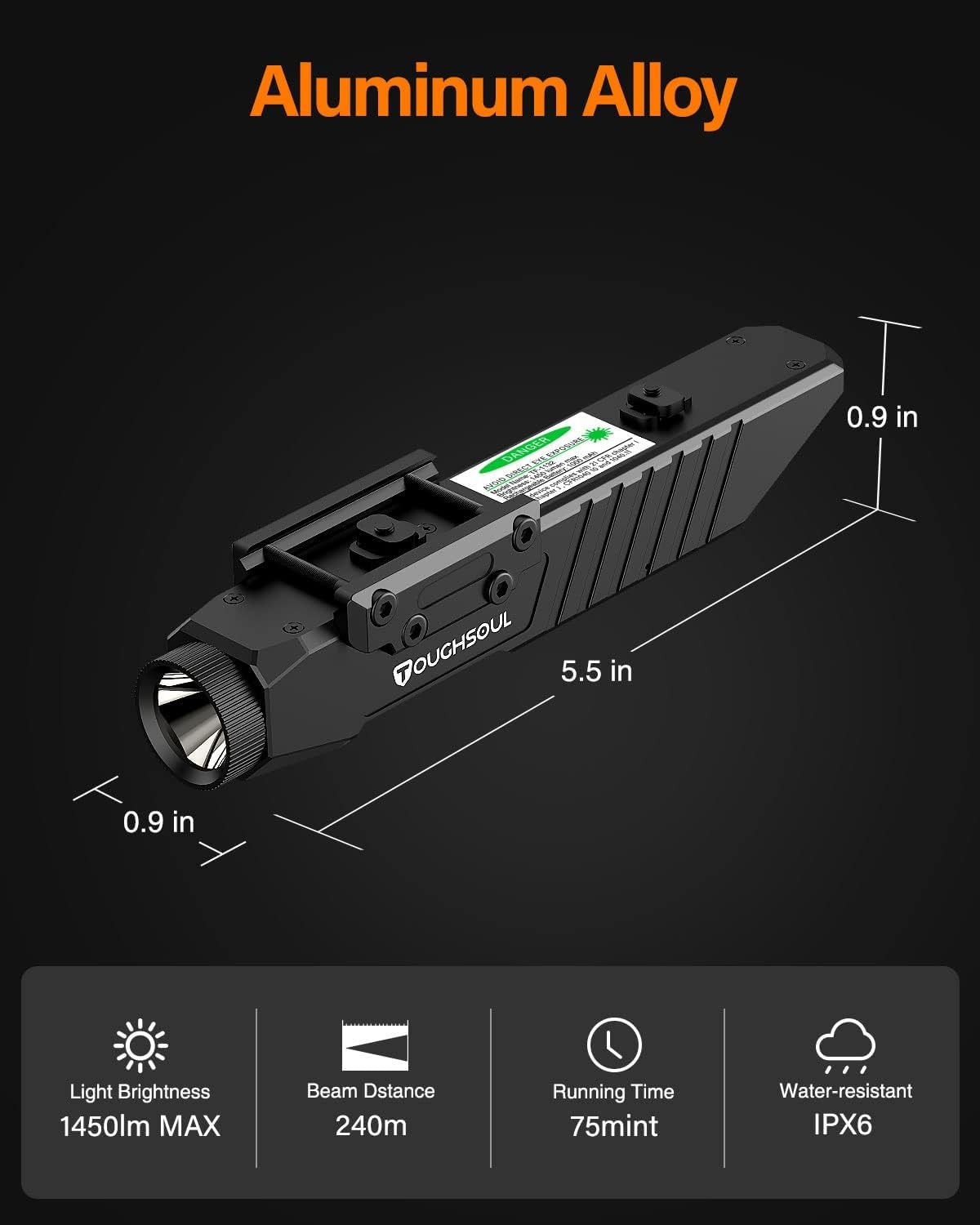 TOUGHSOUL Tactical Flashlight 1450 Lumen Picatinny Rail MLOK Mounted with Momentary Strobe Function Rifle Flashlight (Picatinny+Mlok)