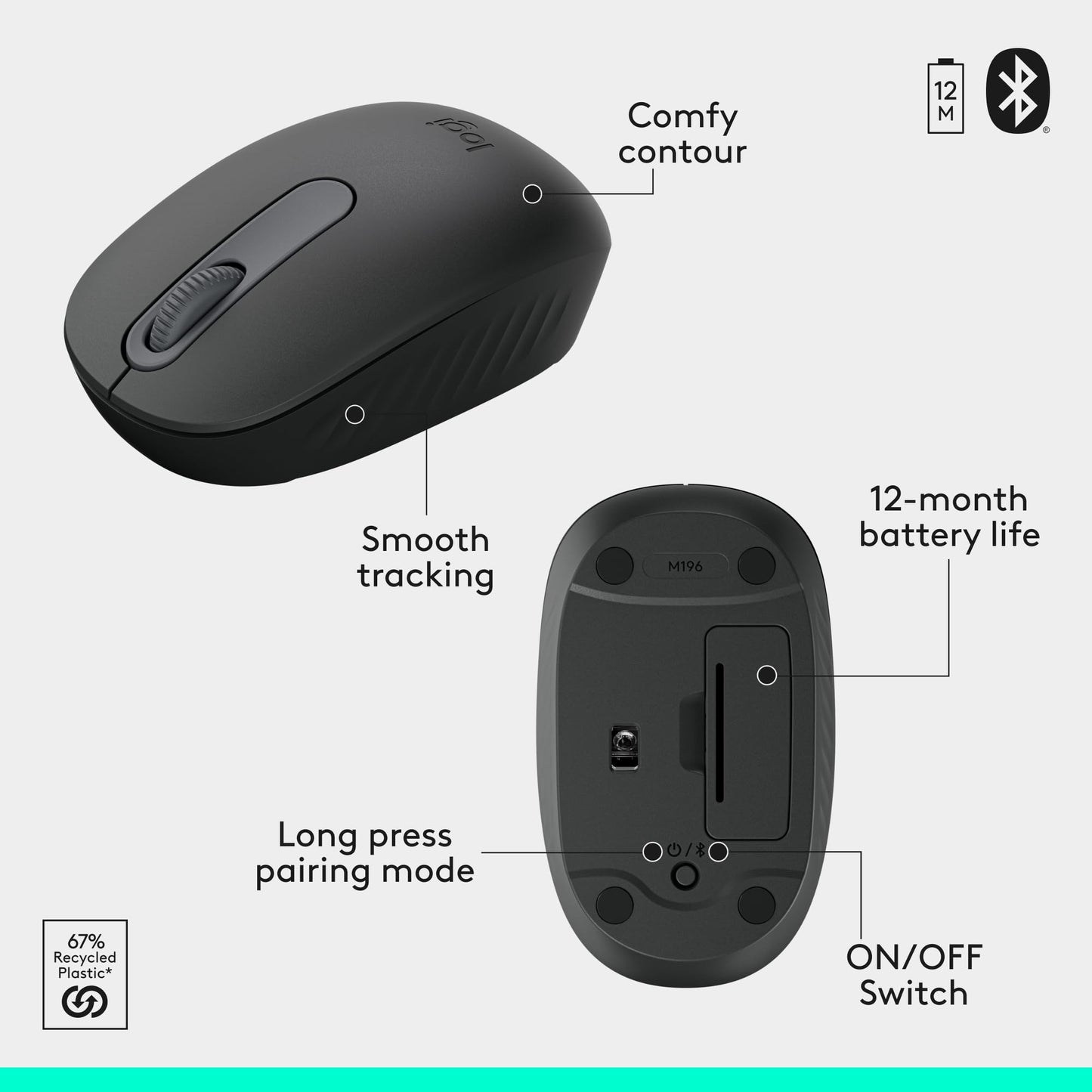 Logitech K250 Bluetooth Keyboard with Numpad, Easy Connectivity, Compact Wireless Keyboard Made with Recycled Plastic, Spill-Resistant, Comfortable Keys - Windows/MacOS - Graphite