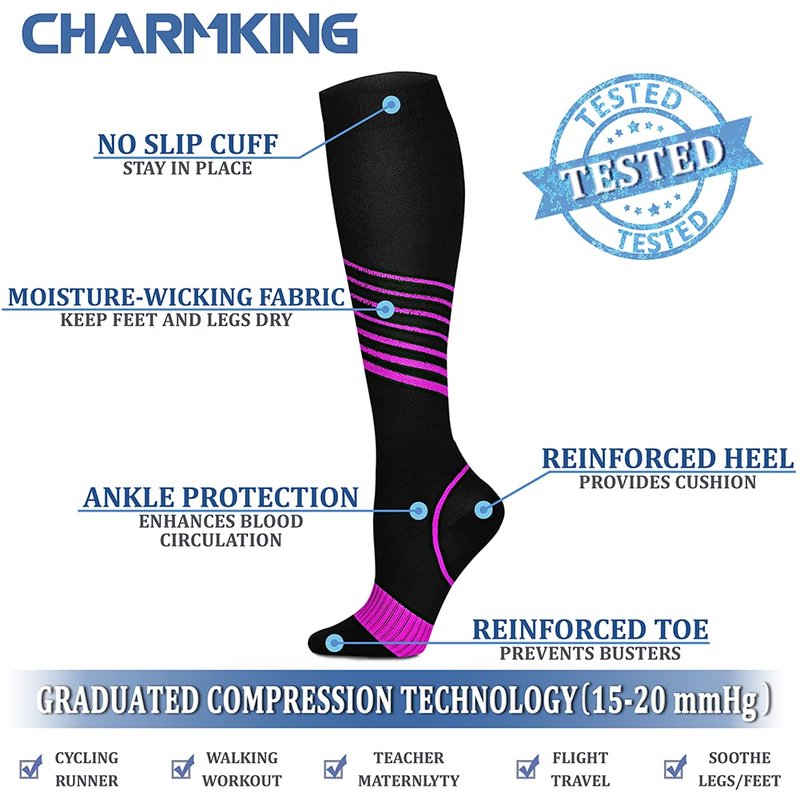 CHARMKING Compression Socks for Women & Men (8 Pairs) 15-20 mmHg Graduated Copper Support Calf Socks are Best for Pregnant, Nurses - Boost Performance, Circulation, Knee High Wide Calf(L/XL, Multi 34)