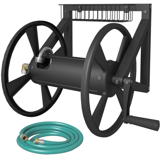 Artigarden Triangle Wall Mounted Garden Hose Reel, Outdoor Heavy-Duty Water Hoses Holder Winder, Holds 125 Ft of 5/8-Inch Hose, with 3.9 ft Leader Hose, Brass Fitting, Storage Basket for Yard, Black