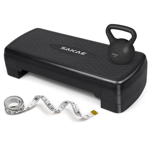 Black Exercise Step Platform Set with Kettlebell & Measuring Tape, Adjustable Height 2 Level Risers Workout Step Trainer, Aerobic Steppers for Home Gym Exercise Fitness Workout
