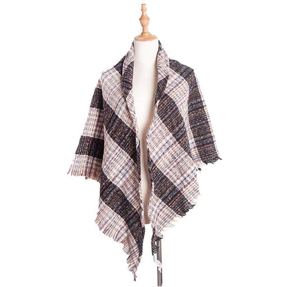 Wander Agio Womens Warm Scarf Triangle Shawls Scarves Fichu Rough Stripe Plaid White Medium
