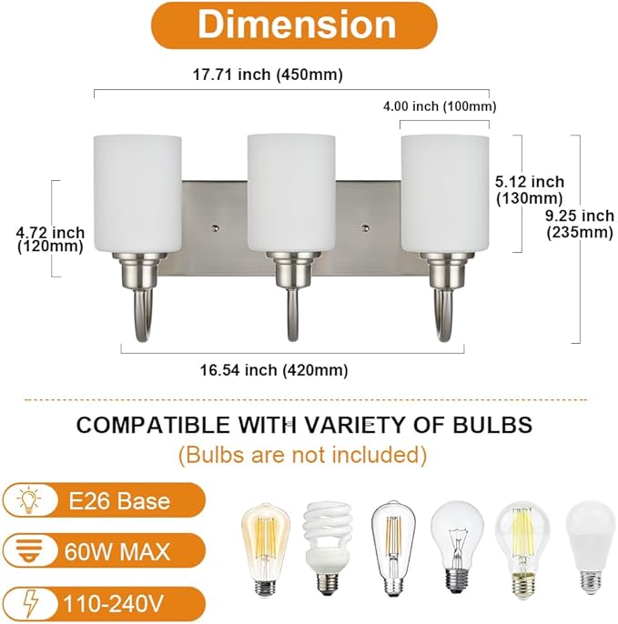 VINLUZ 3-Light Indoor Modern Bathroom Vanity Lighting Fixtures,Brushed Nickel Finish Metal Wall Light Over Mirror with Opal White Glass Shade for Hallway Makeup Table