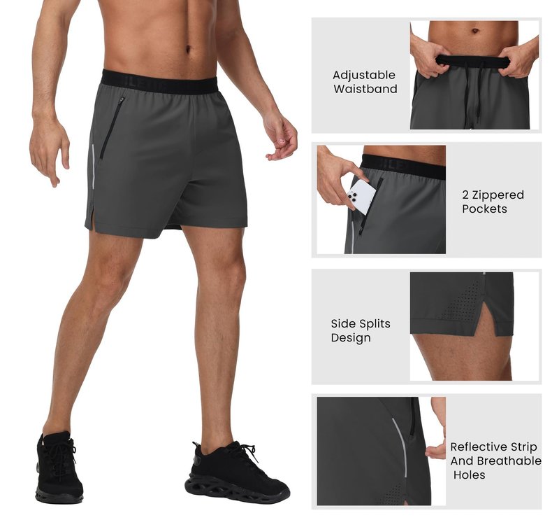 GymBrave Men's 5 inch Athletic Running Shorts with Zipper Pockets Lightweight Quick Dry Workout Gym Shorts for Men Grey S