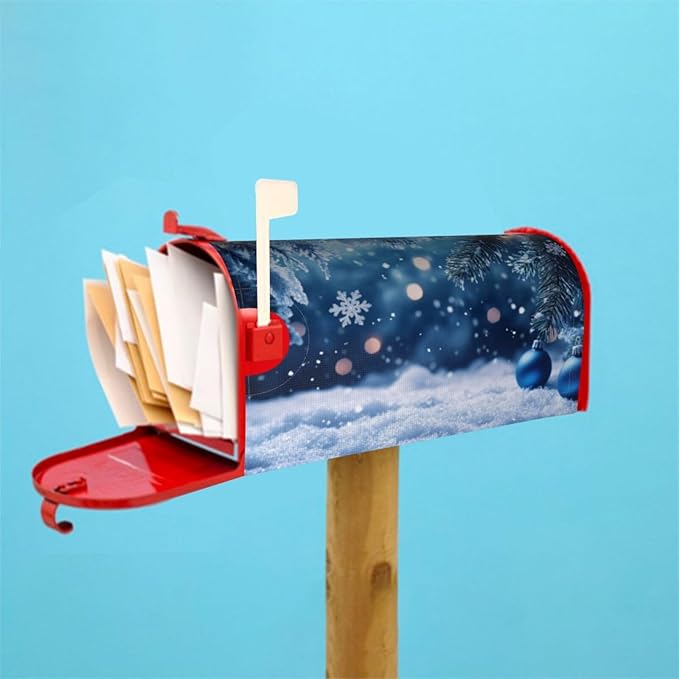 Festive Magnetic Mailbox Cover Winter Christmas Blue Ball Pattern Outdoor Mailbox Protector Holiday Seasonal Decorative Garden Yard Home Large Size 25.5 x 21 Inch