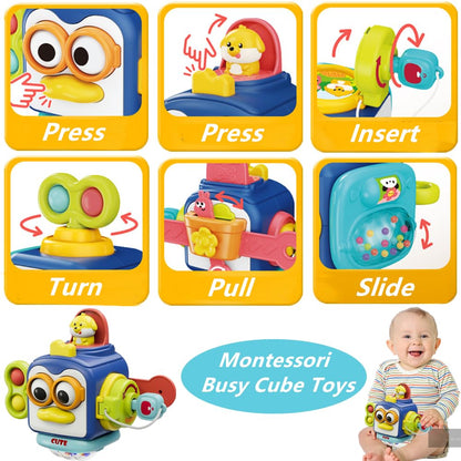 ELLECK Baby Toys 6-12 Months, Montessori Toys for Toddlers 1-3 Year Old, Busy Cube Teether Infants Bath 6 in 1 Stacking Blocks Rings, Suction Cup Spinner, Shape Bin Sensory (0035)