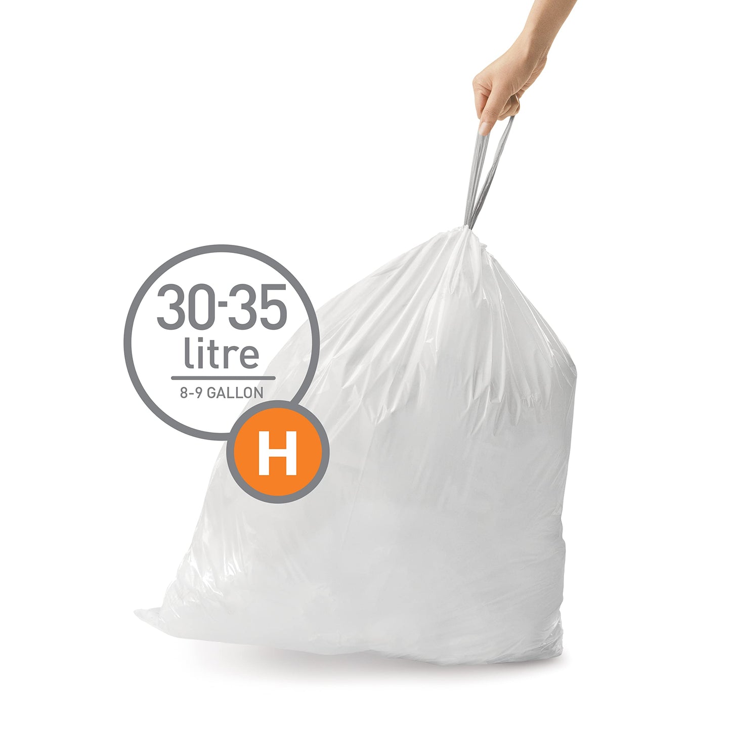 simplehuman Code H 60 Liners, 50% Recycled Custom Fit Bin Bags in Dispenser Packs with Durable Drawstring Tie Handle, 30-35L, White