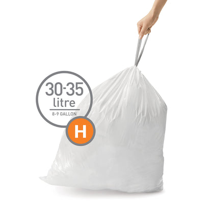 simplehuman Code H 60 Liners, 50% Recycled Custom Fit Bin Bags in Dispenser Packs with Durable Drawstring Tie Handle, 30-35L, White