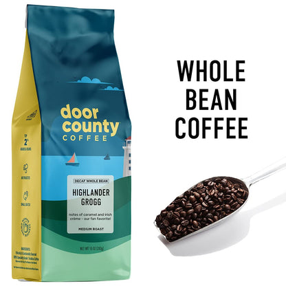 Door County Coffee Highlander Grogg DECAF Flavored Whole Bean - 10 oz Bag - Medium Roast - 100% Specialty Arabica - Flavored Gourmet - Highlander Grogg DECAF