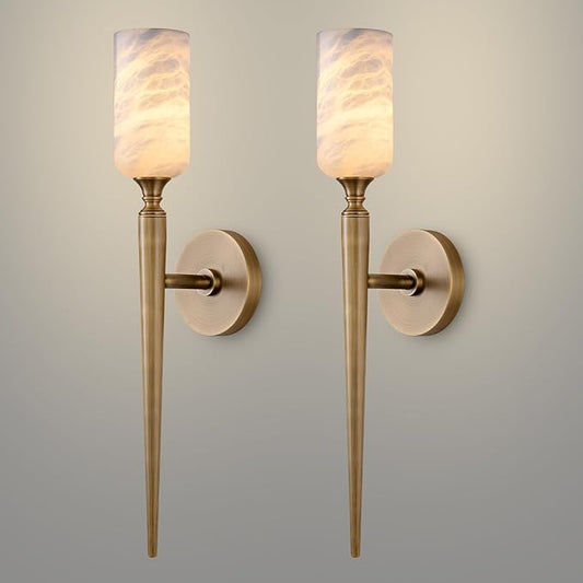 Alabaster Wall Sconce Set of 2, 22in Modern Brass Spanish Natural Marble Bathroom Vanity Sconces, Indoor Gold Wall Lighting Fixtures Decor for Bedroom Living Room Staircases
