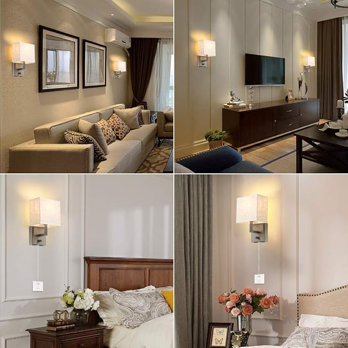 Bedside Wall Mount Light with Dimmer Switch and Two USB Charging Port,Fabric Linen Shade Wall Sconces Light with Plug in Cord and Satin Nickel Finish, Perfect for Bedroom, Living Room and Hotel