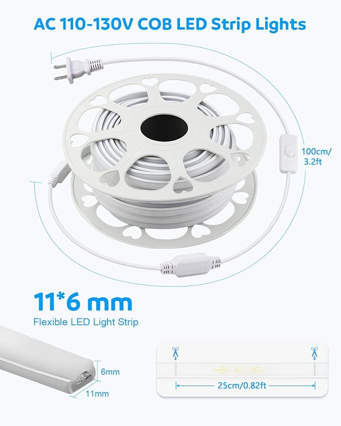 Aclorol 82FT AC 110V COB LED Strip Light Outdoor Waterproof IP67 120V Blue LED Rope Lights Flexible for Patio Deck Fence Commercial House Outdoor Lighting Decoration 288LEDs/M CRI90+ 6.5mm*11mm