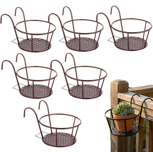 Nancyzhenpin Metal Hanging Railing Planter, Flower Pot Holder for Balcony Fence, Adjustable Steel Plant Stand, Indoor Outdoor Garden Mounted Shelf (6, Brown)