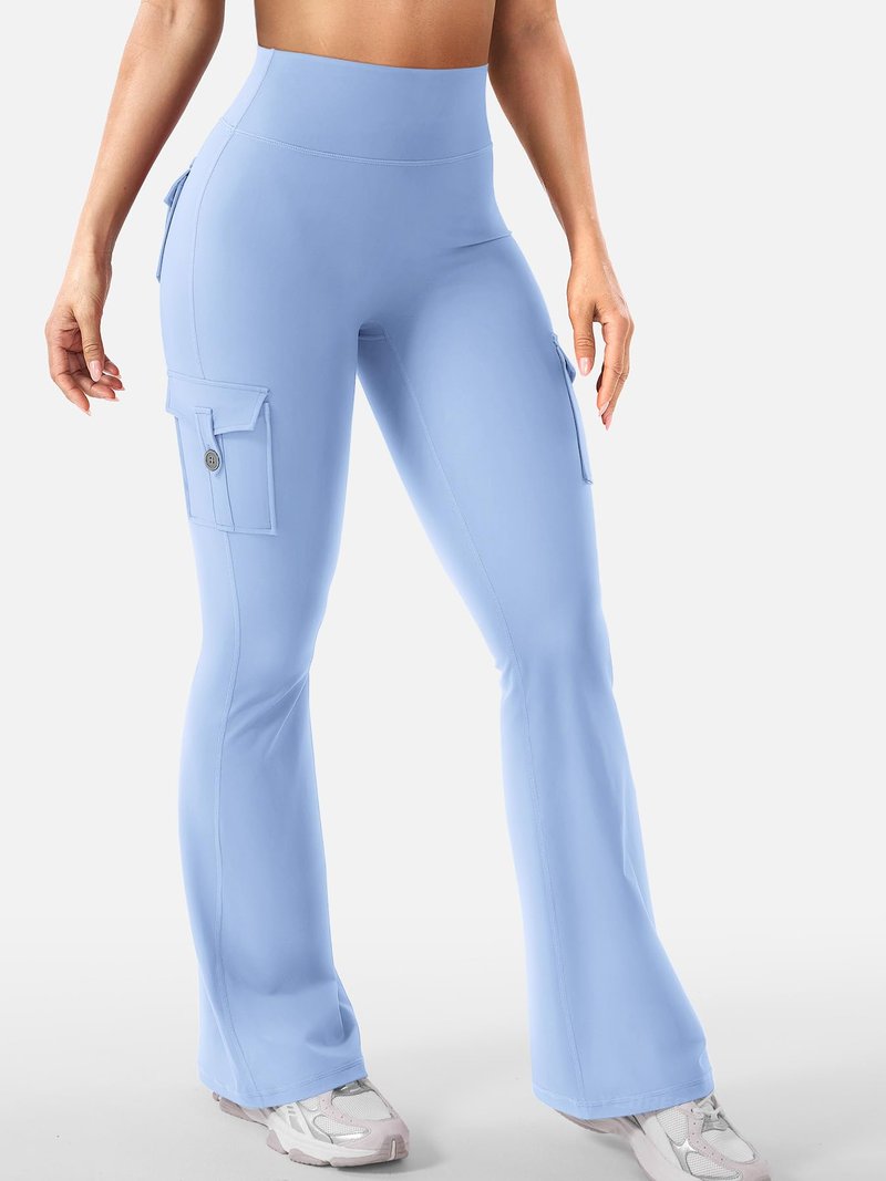 YEOREO CoreFlex Women Workout Flare Leggings with Pockets Hidden Scrunch High Waisted Cargo Gym Yoga Leggings Light Blue S