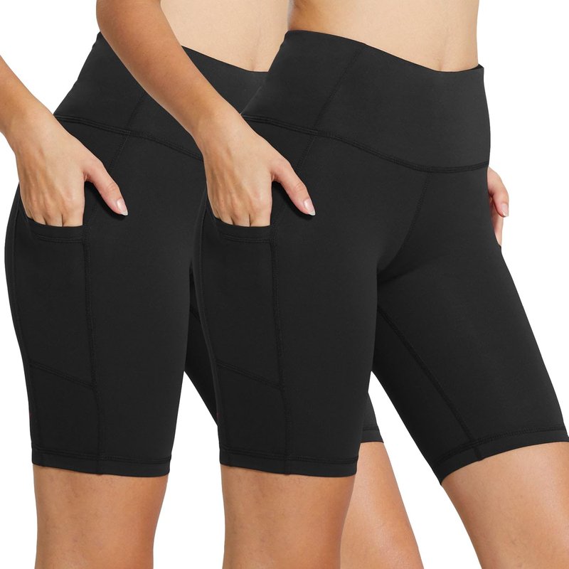 baleaf Biker Shorts Women Yoga Gym Workout Spandex Running Volleyball Tummy Control Compression with Pockets 8" 2-Pack Black/Black S