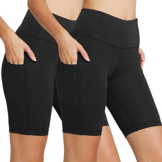 baleaf Biker Shorts Women Yoga Gym Workout Spandex Running Volleyball Tummy Control Compression with Pockets 8" 2-Pack Black/Black XL