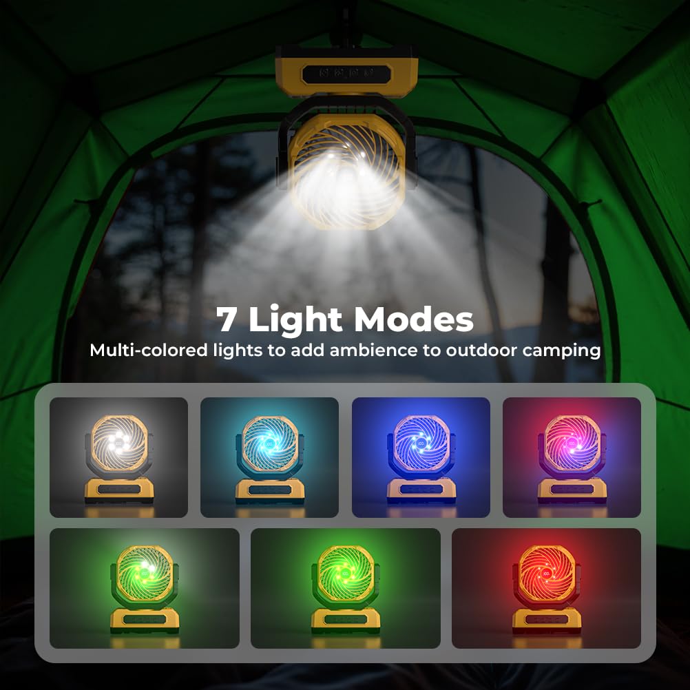 30000mAh Portable Camping Fan with RGB Lantern, Rechargeable Battery Powered Oscillating with 4 Wind Speeds LED Display, Remote Control Timer Tent Beach Cordless USB Fans for Travel Home Outdoor
