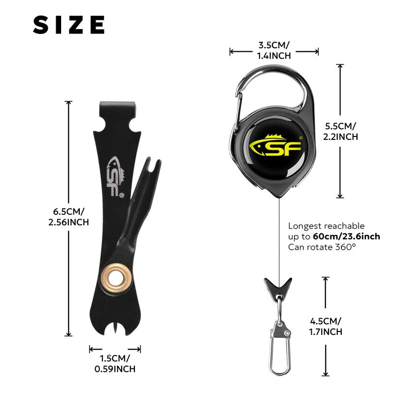 SF 2Packs 3 in 1 Fly Fishing Nipper Knot Tying Tool Black Stainless Steel Fly Line Cutter Fishing Clippers with Zinger Retractor for Tapered Leader Tippet Line