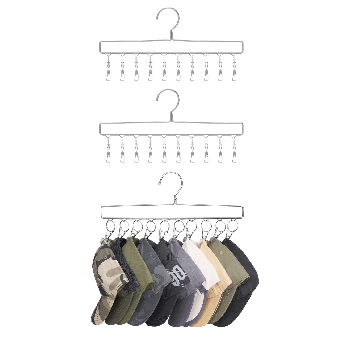 Mkono Hat Organizer Hanger for Closet Set of 3 Baseball Hat Organizer with 30 Stainless Steel Clips Hat Hook Rack for Baseball Caps, Silver Hat Holder for Closet Organizer, Fits All Caps, 3 Pieces