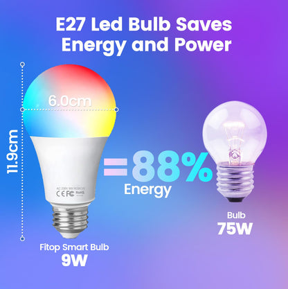 Fitop WiFi Smart Bulb E27, LED Bulb Dimmable Warm White Light and RGB Colour Changing Light, 9W 806LM Compatible with Alexa/Google Home, Voice Control, No Hub Required 2 Pack