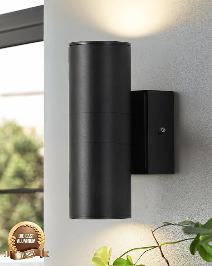 KIZON Outdoor Light with Outlet, Dusk to Dawn Outdoor Lighting, Matte Black Exterior Light Fixture Cylinder, Alunmium Anti Rust Up and Down Lights for House Porch Garage