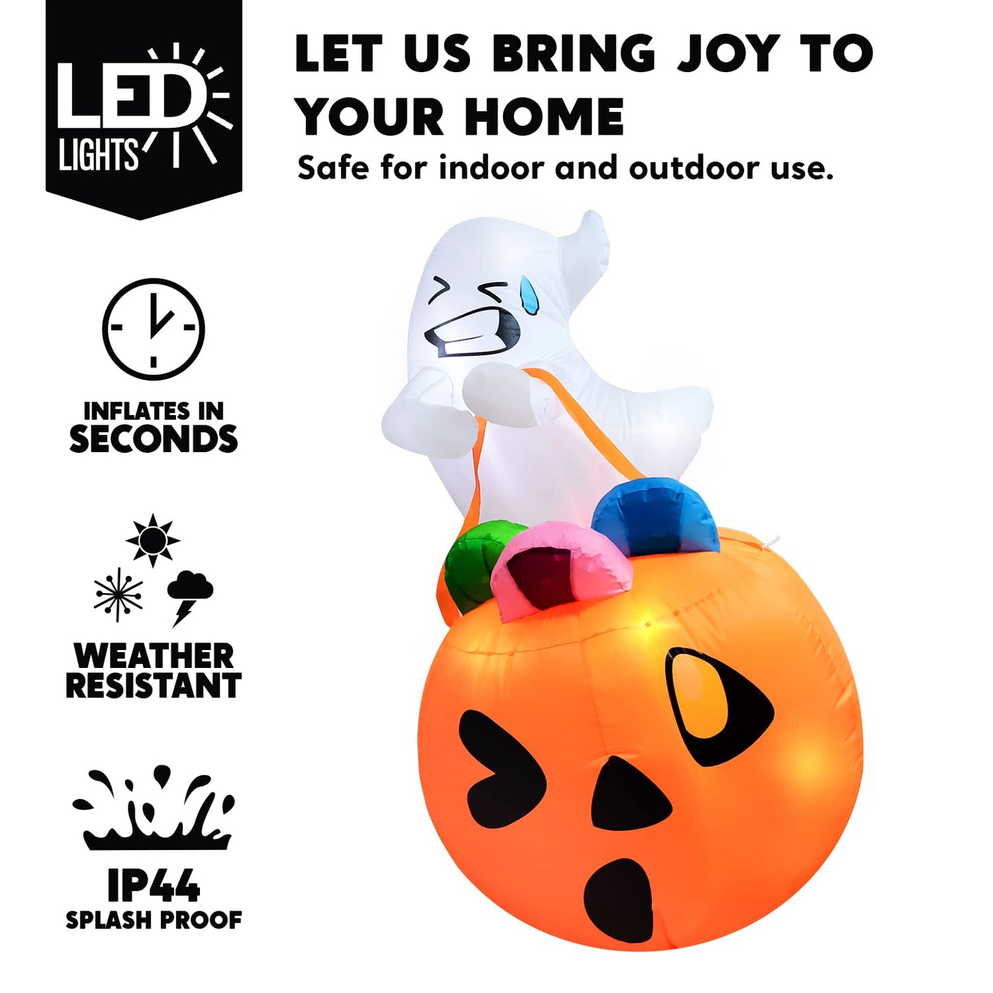 Joiedomi 5 FT Tall Halloween Inflatables Outdoor Decorations, Inflatable Cute Ghost Halloween Decor Outdoor, Blow Up Ghost Lift Pumpkin Candy Bag with Build-in LEDs for Yard Decorations