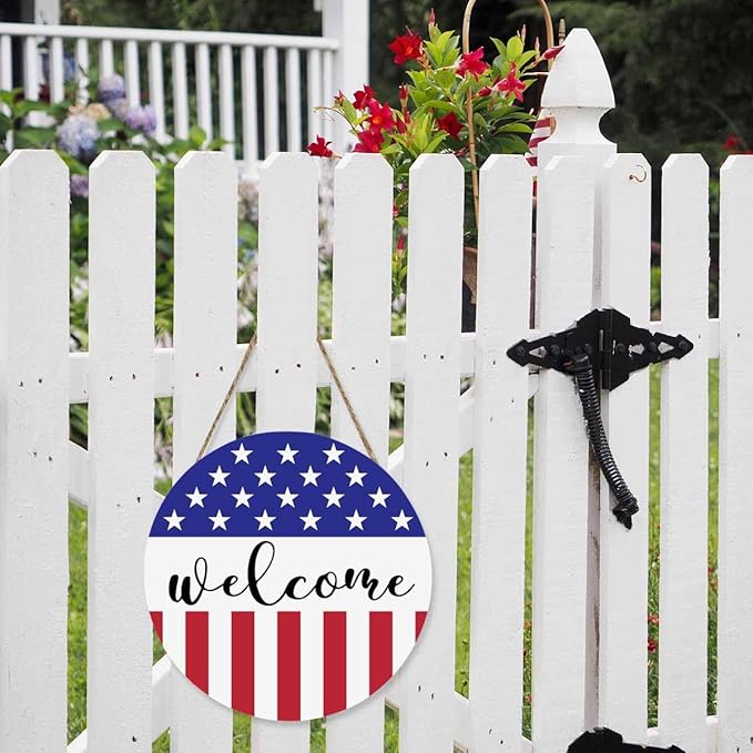 Welcome Wreath Sign for Farmhouse Front Porch Decor Patriotic Welcome Sign 12Inch Wooden Seasonal Decor Hanging Present