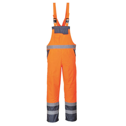 Portwest S488 Men's Hi Vis Bib and Brace Work Overalls Breathable Contrast Rain Dungarees - Waterproof Windproof Reflective Tape Adjustable Fit Multi Utility Pockets, Orange/Navy, L